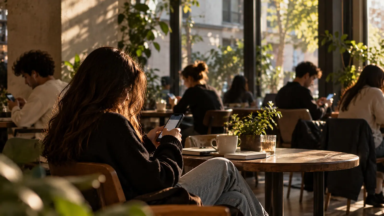 People sitting at café tables, each absorbed in their own phone