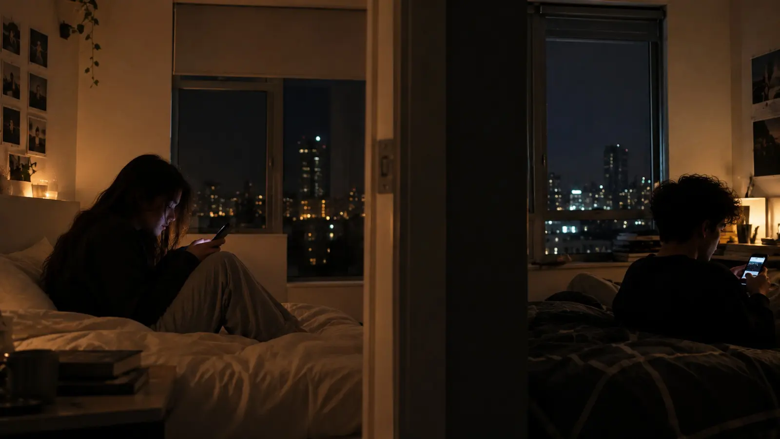 Two people alone in their bedrooms at night, each looking at their phone