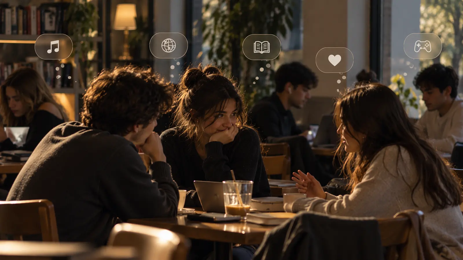 Friends talking around a café table, with icons representing shared interests above them