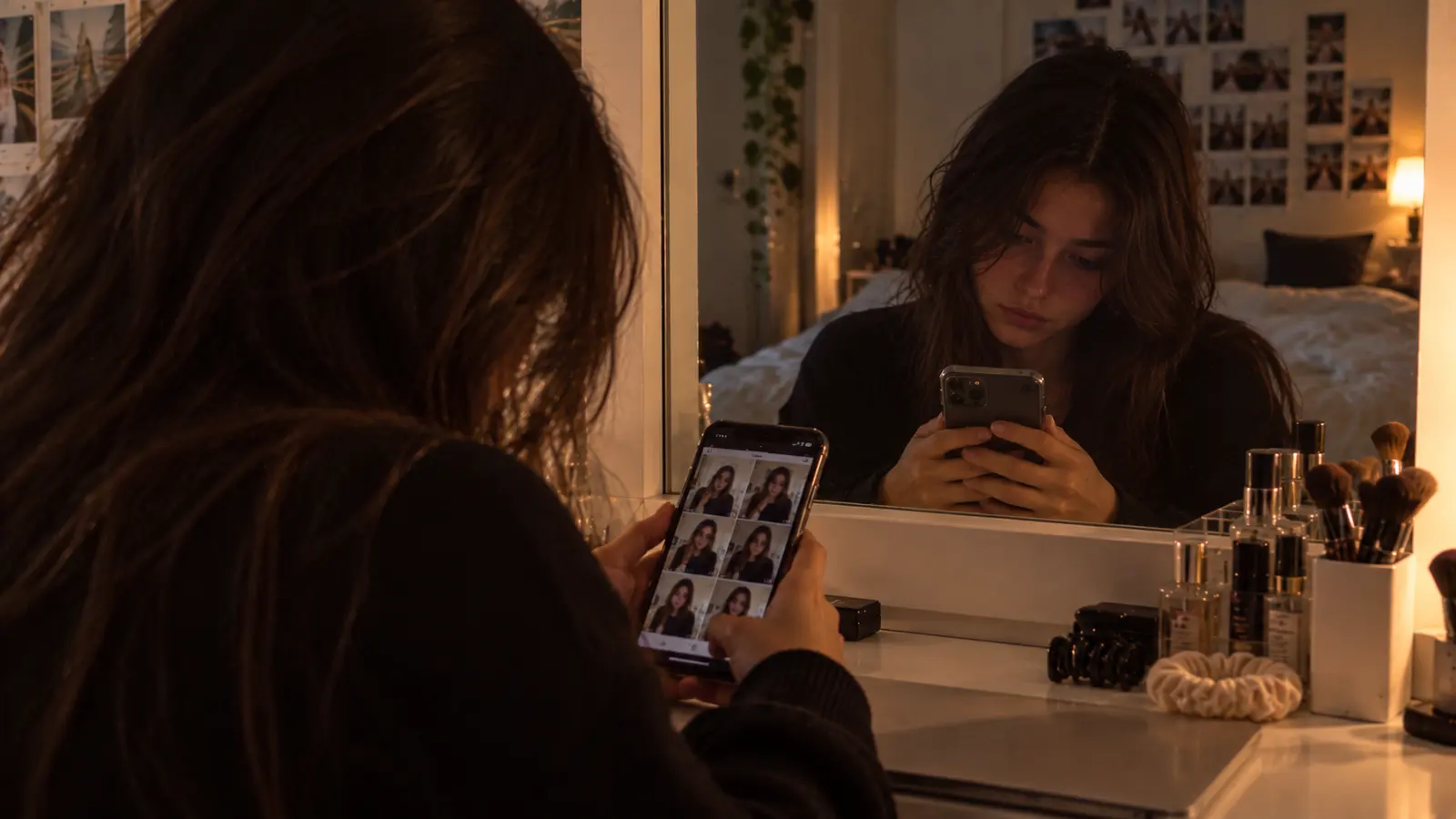 Woman looking at photos on her phone in front of a mirror